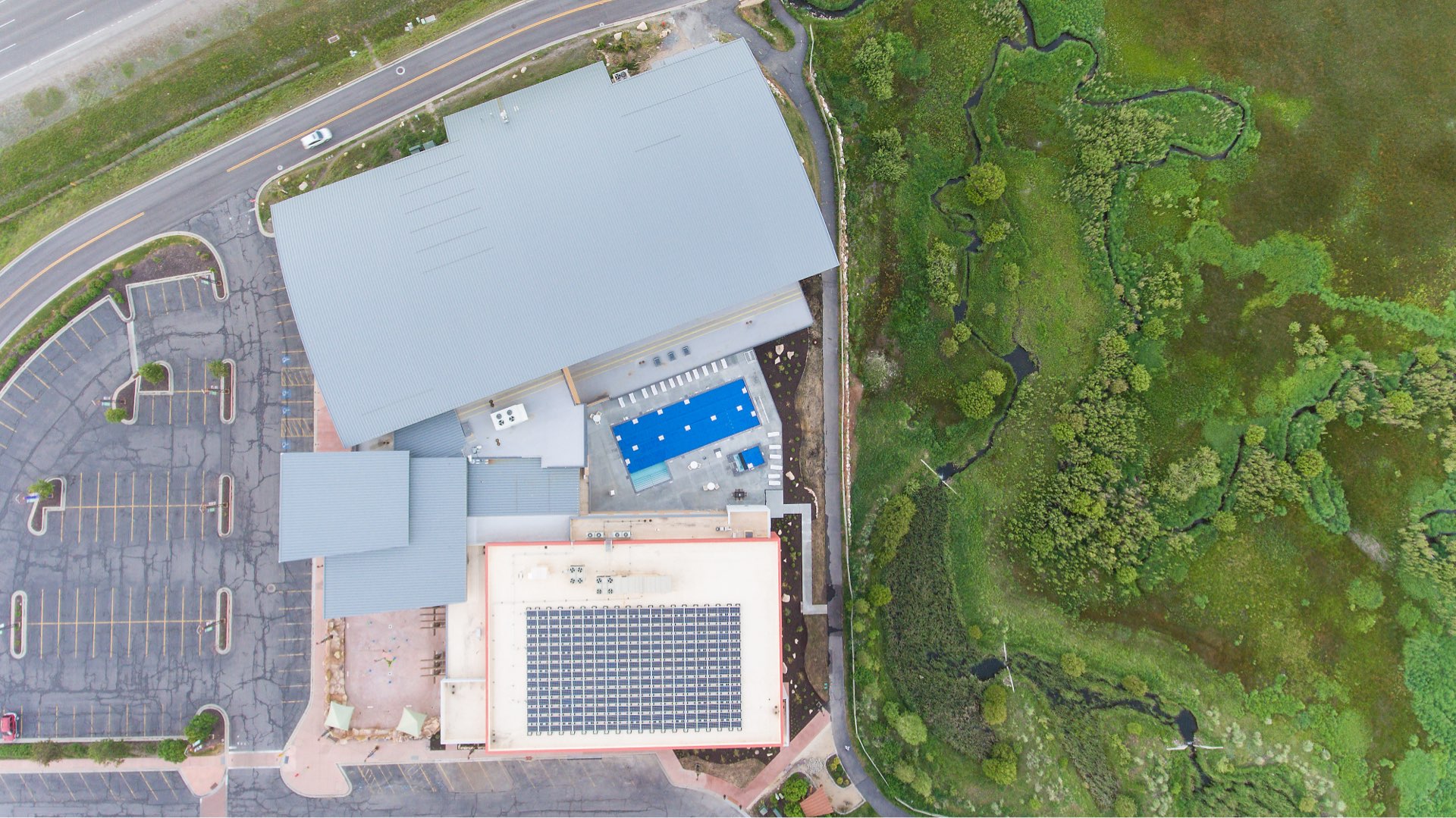 Aerial view, Basin Recreation Fieldhouse Expansion, architectural design by Elliott Workgroup