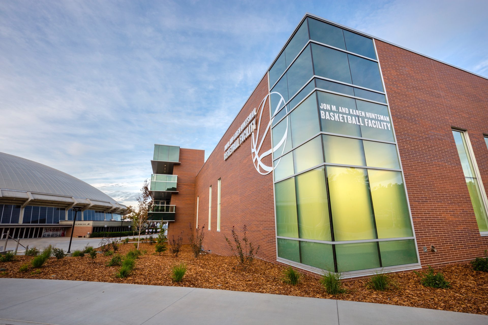 Exterior corner of the University of Utah Basketball Facility, architectural design by Elliott Workgroup