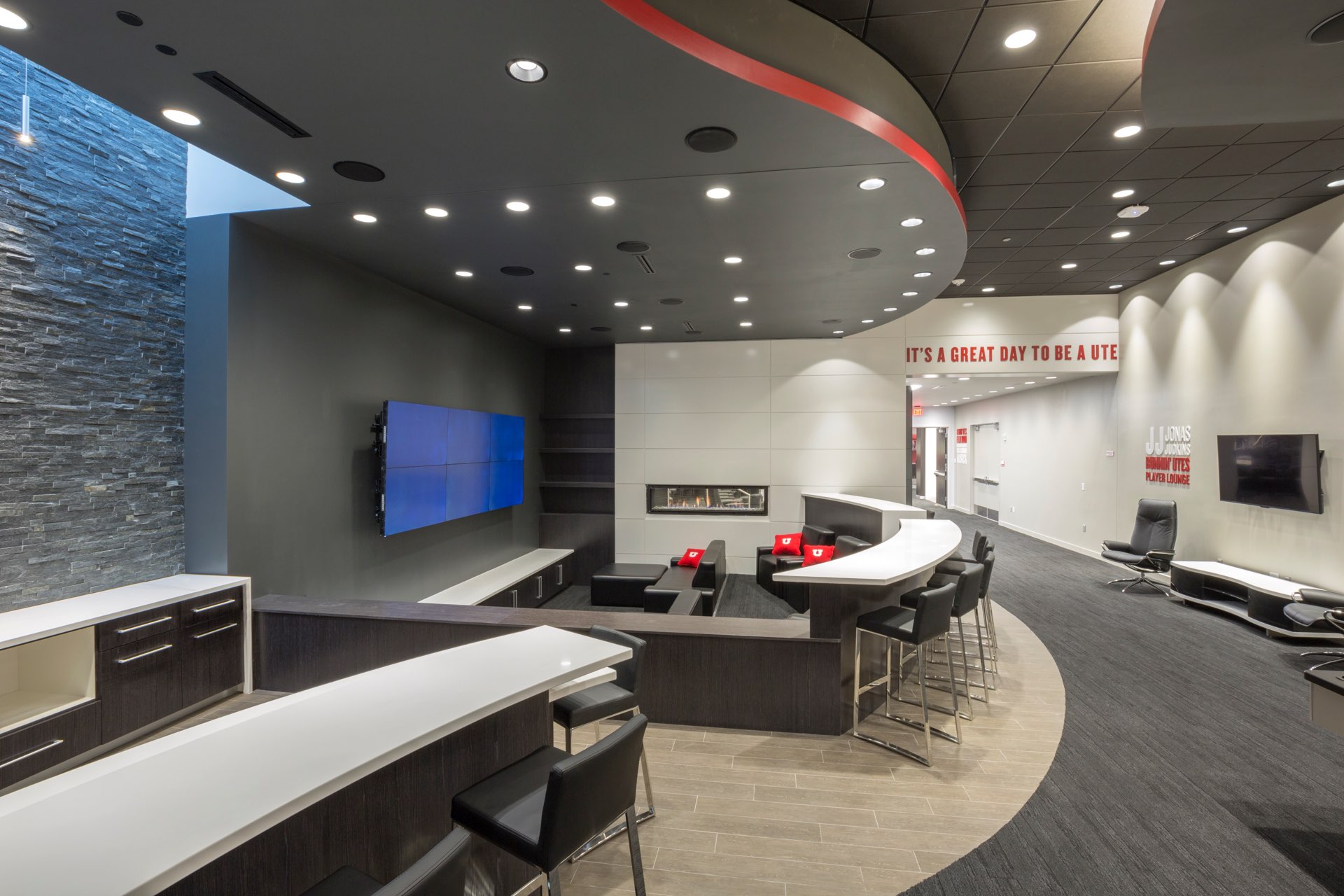 Film room inside the University of Utah Basketball Interior, interior design by Elliott Workgroup