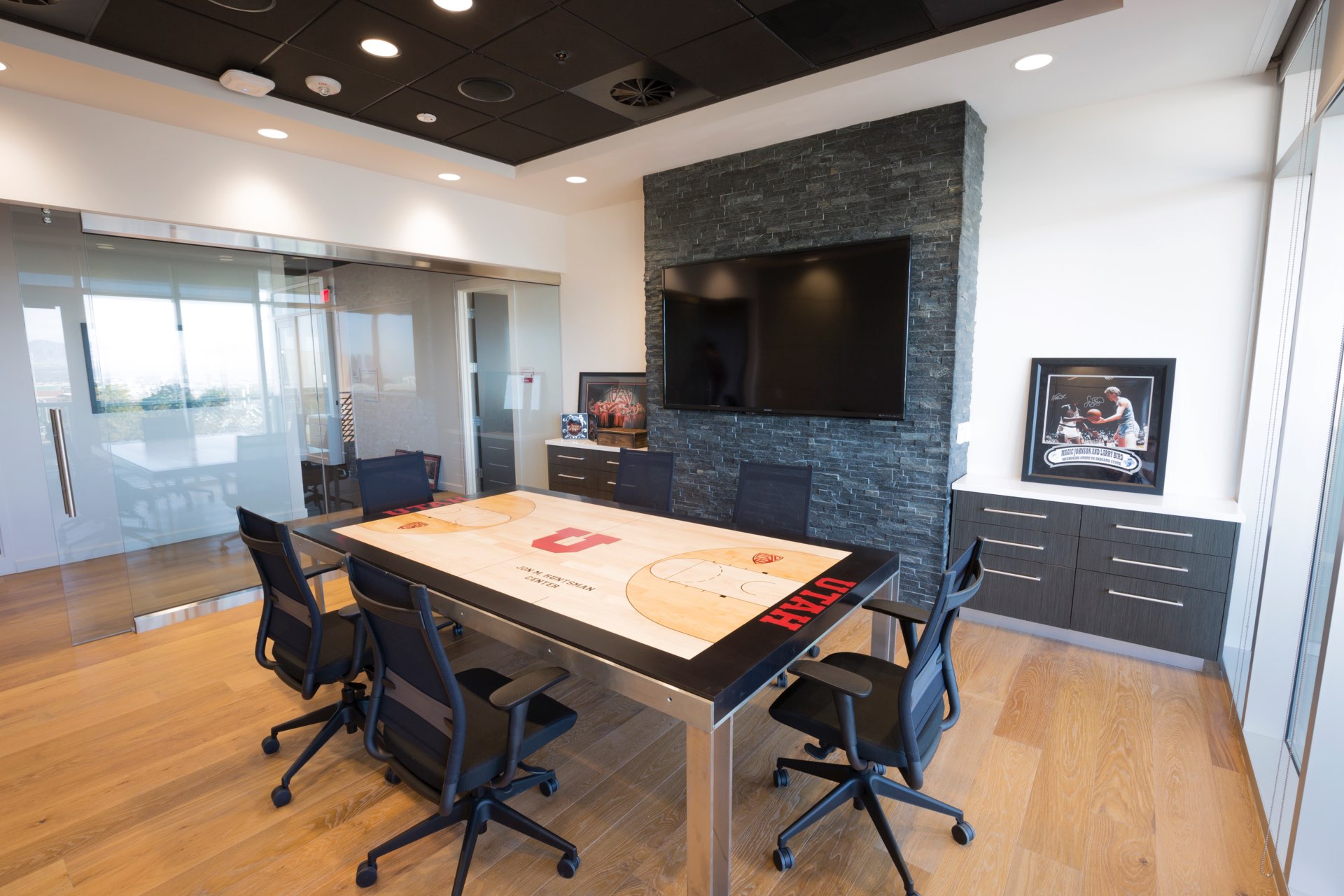 Meeting room inside the University of Utah Basketball Interior, interior design by Elliott Workgroup