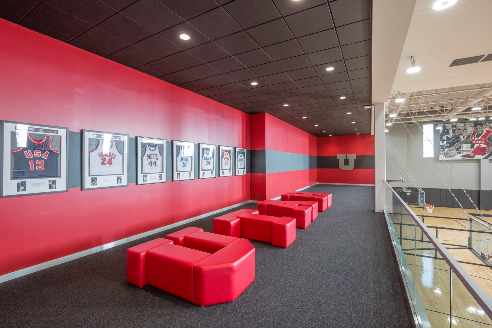 Elevated seating area inside the University of Utah Basketball Interior, interior design by Elliott Workgroup