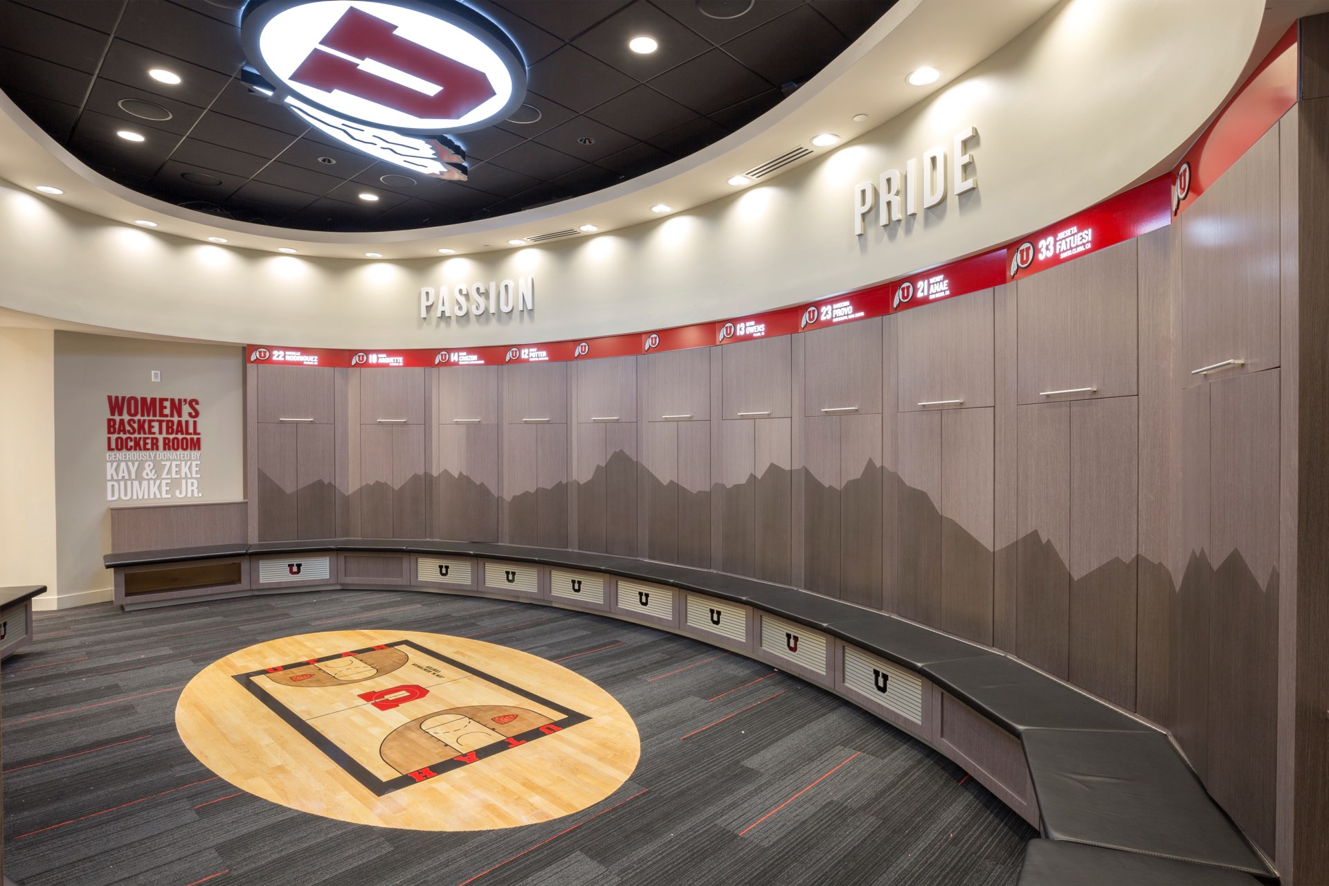 Locker room inside the University of Utah Basketball Interior, interior design by Elliott Workgroup