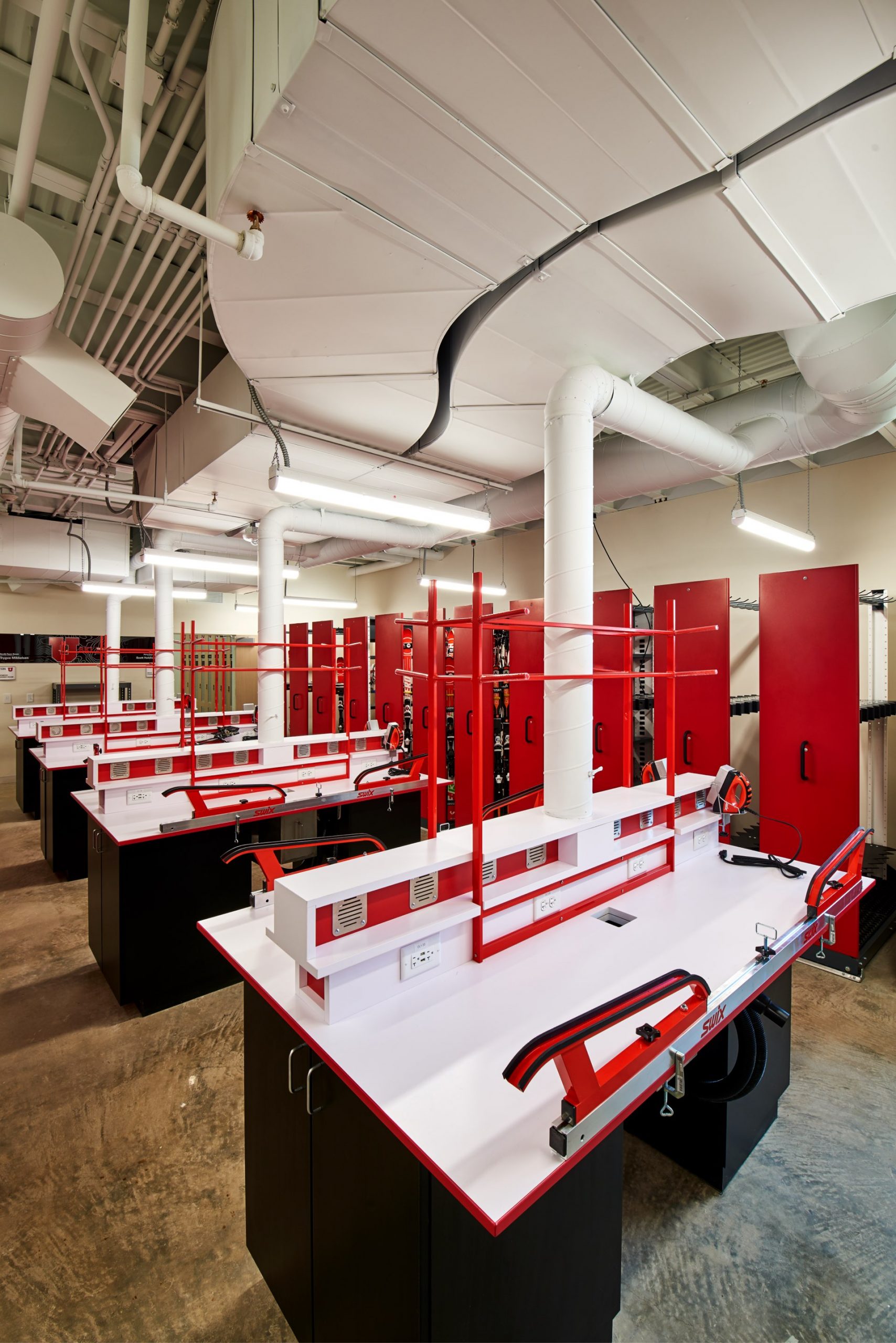 Ski tuning room, University of Utah Ski Team Building, architectural design by Elliott Workgroup