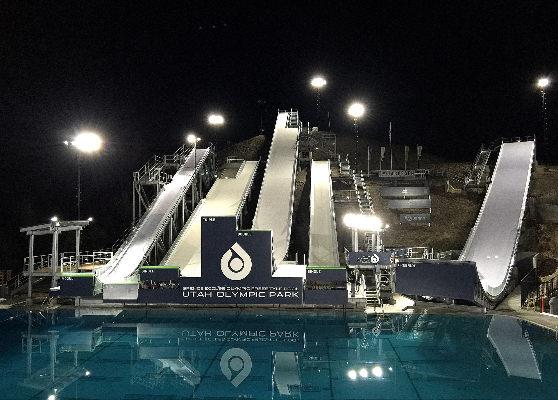 Night view, Utah Olympic Park Water Jumps, Sport & Recreation architectural design by Elliott Workgroup