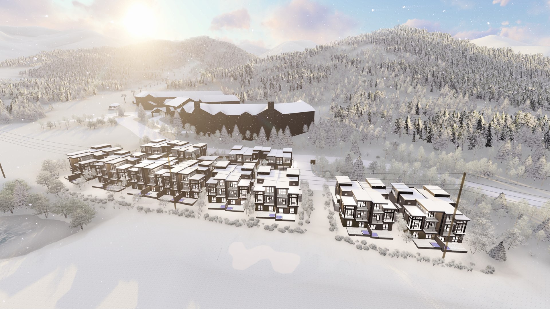 Aerial rendering of Viridian Townhomes at Canyons Village in Park City, Utah, architectural design by Elliott Workgroup