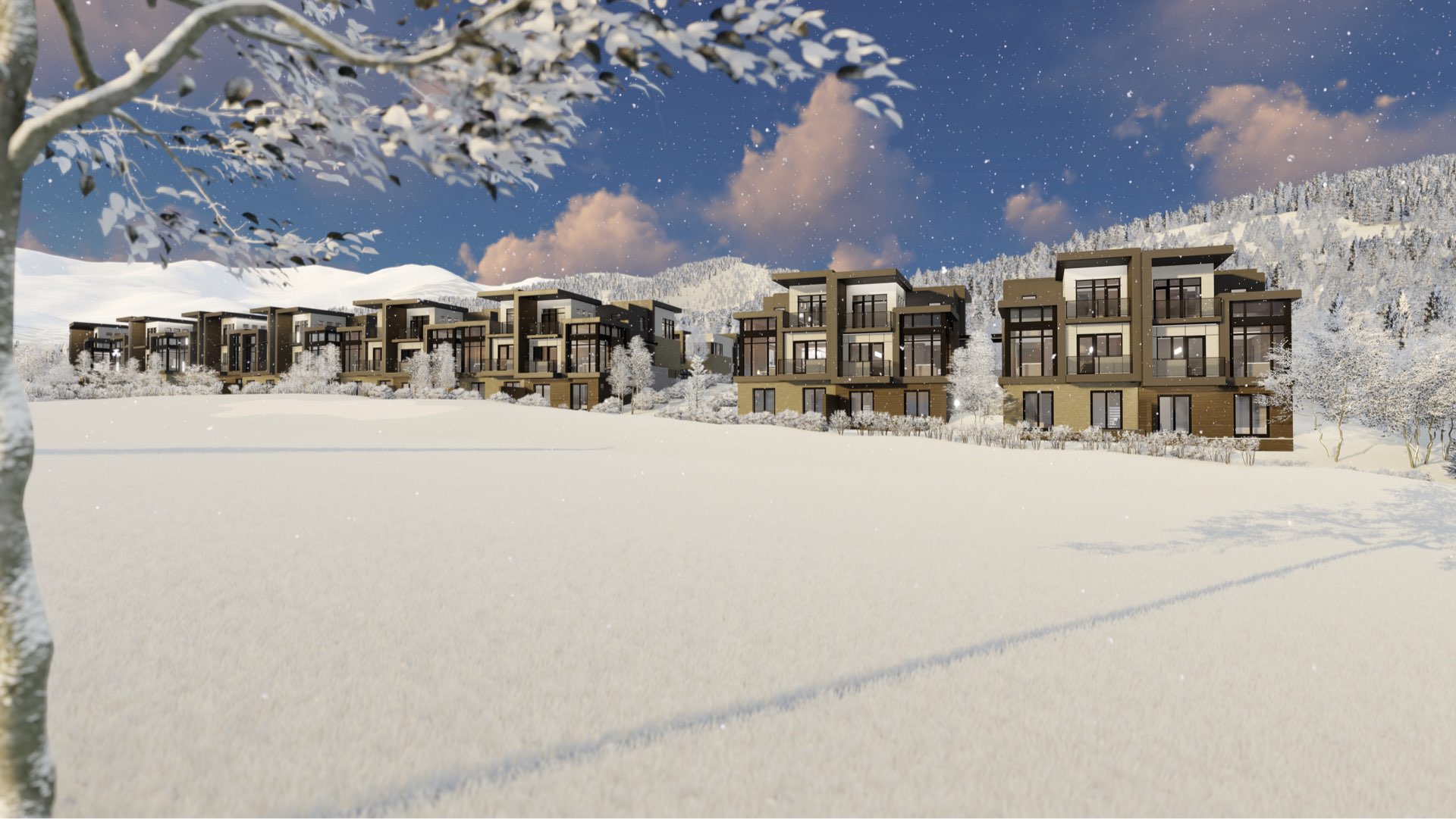 Golf course rendering of Viridian Townhomes at Canyons Village in Park City, Utah, architectural design by Elliott Workgroup