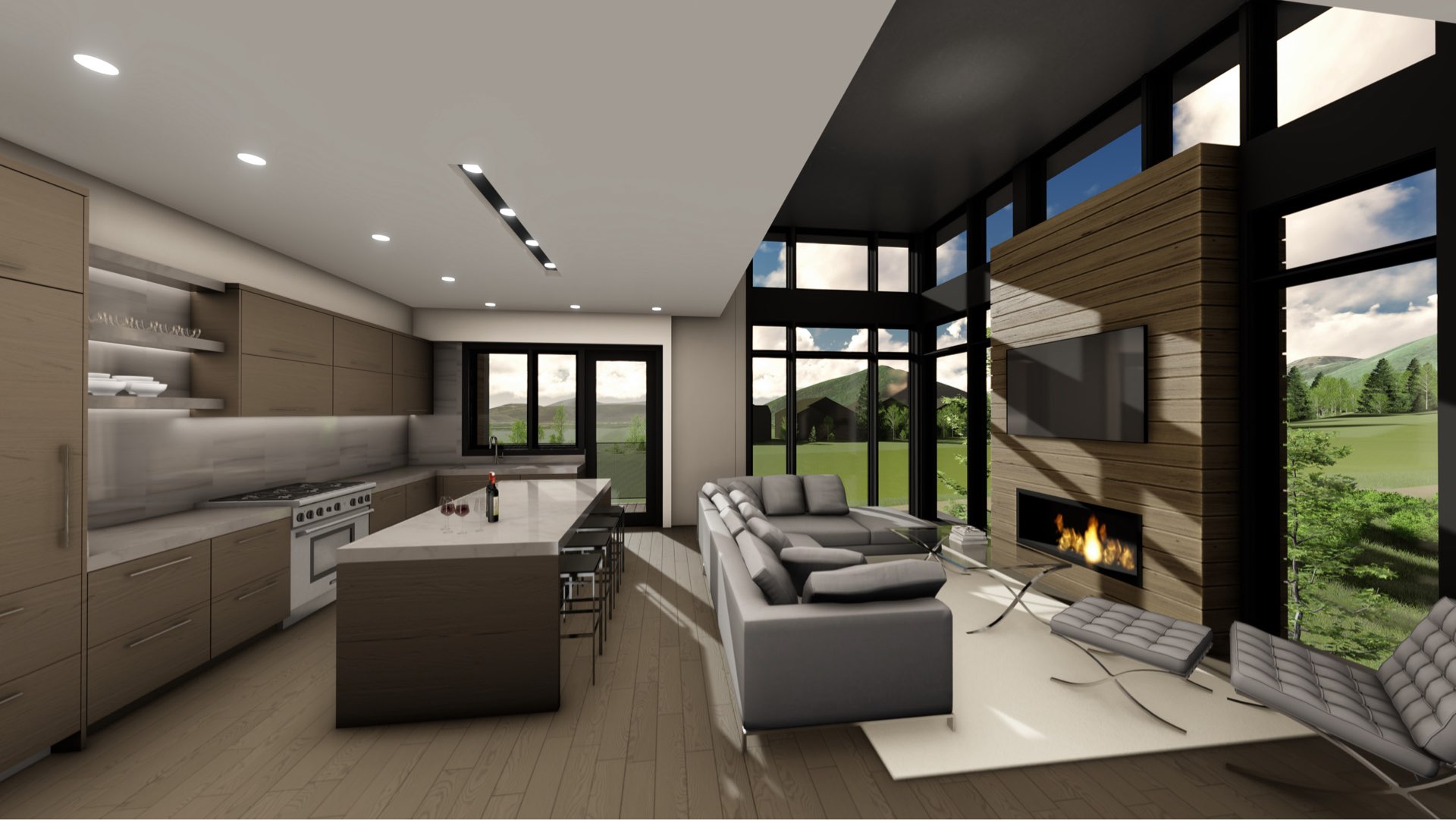 Living room and kitchen rendering of Viridian Townhomes at Canyons Village in Park City, Utah, architectural design by Elliott Workgroup