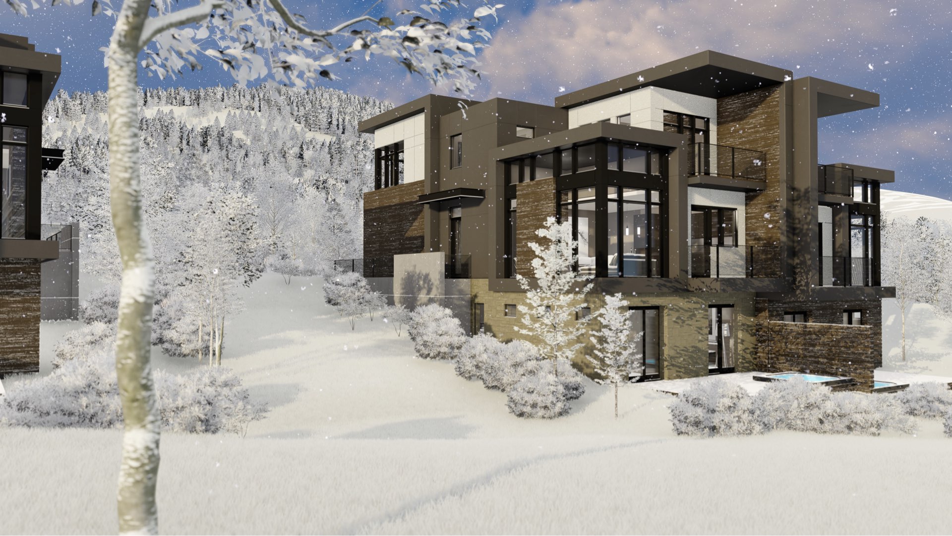 Townhouse rendering of Viridian Townhomes at Canyons Village in Park City, Utah, architectural design by Elliott Workgroup